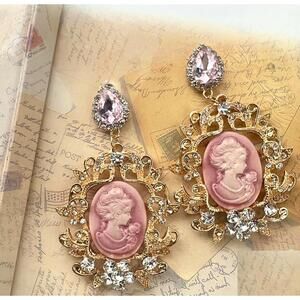 Vintage Cameo Chandelier Earrings with Crystal Accents Romantic Statement